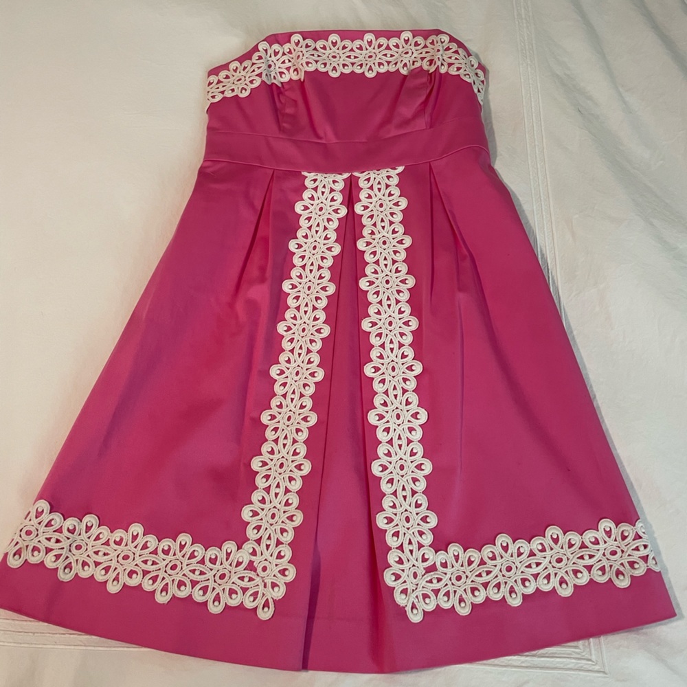 Lilly Pulitzer Blossom Dress jacquard, hotty pink with white embroidery